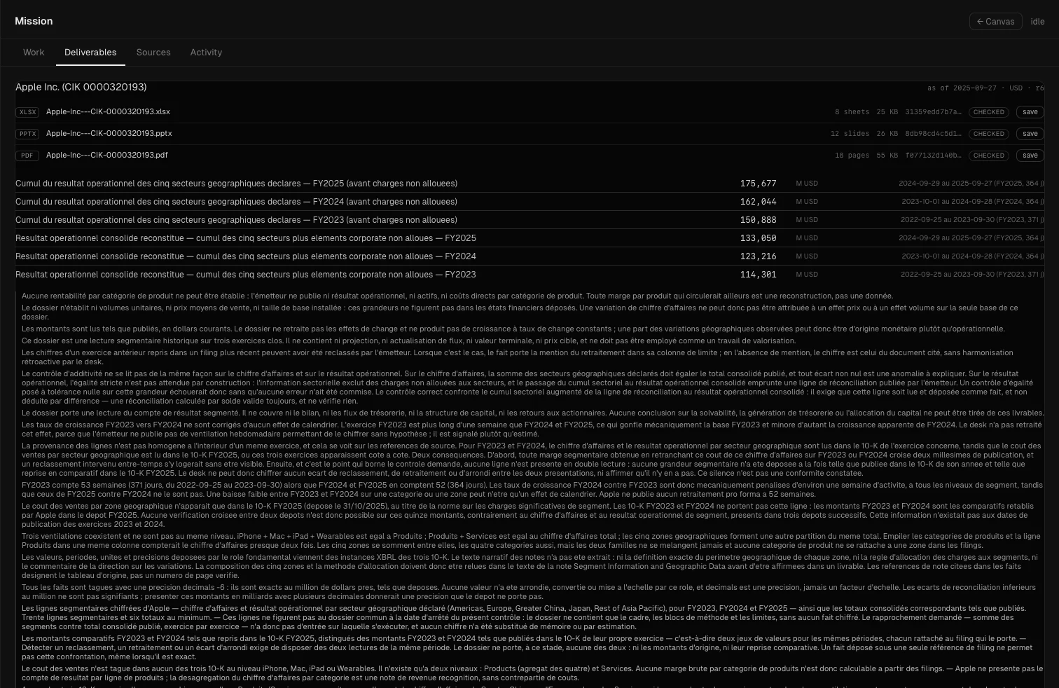 Deliverables — le bundle Apple relu du disque, XLSX/PPTX/PDF avec leurs empreintes