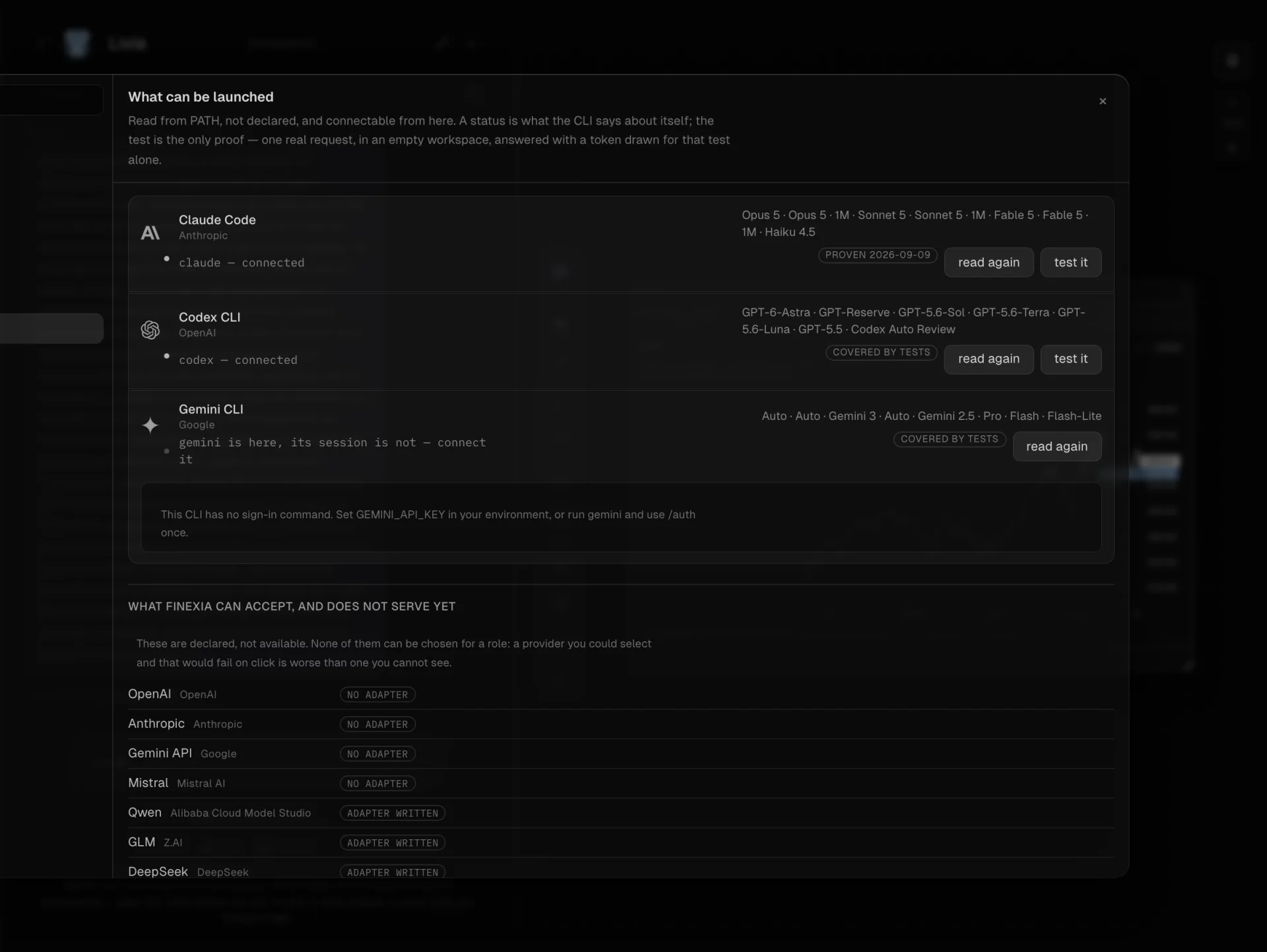 The Finexia providers screen: which agent CLIs were found on this machine, the models each one offers, the one whose session is not connected, and the test that is the only proof a provider actually answers.